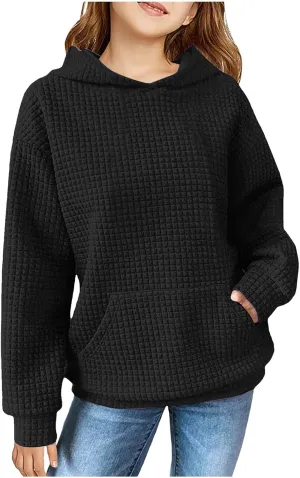 Waffle Knit Hoodies For Girls Cute Long Sleeve Hooded Pullovers Oversized Sweaters With Pocket Preppy Cloth 4-11 Years