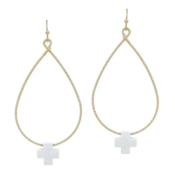 Water-Resistant Teardrop Hoop Earrings with Cross Charm