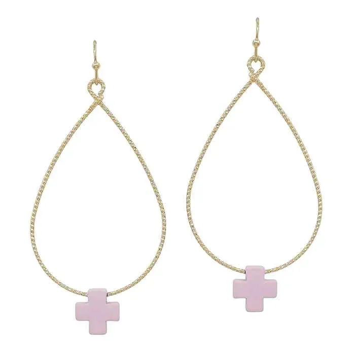 Water-Resistant Teardrop Hoop Earrings with Cross Charm