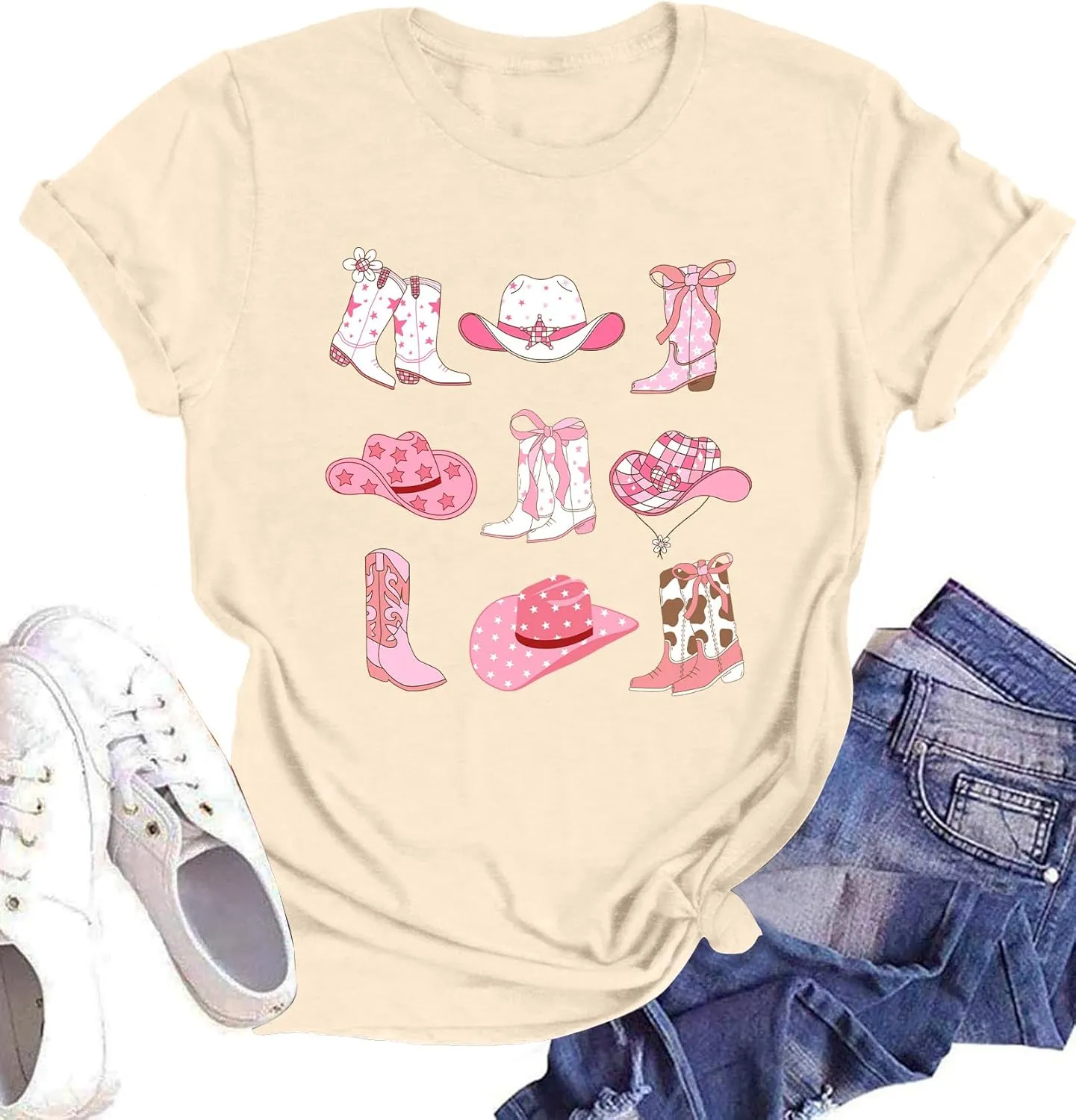 Western Graphic Tees for Women Cowgirl Pink Boots Shirt Country Concert Short Sleeve Vintage Cowgirl Tops