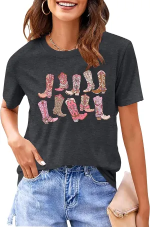 Western Graphic Tees for Women Cowgirl Pink Boots Shirt Country Concert Short Sleeve Vintage Cowgirl Tops