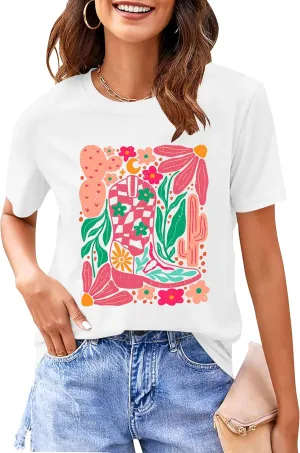 Western Graphic Tees for Women Cowgirl Pink Boots Shirt Country Concert Short Sleeve Vintage Cowgirl Tops