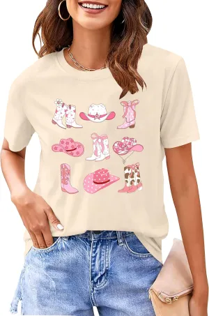 Western Graphic Tees for Women Cowgirl Pink Boots Shirt Country Concert Short Sleeve Vintage Cowgirl Tops