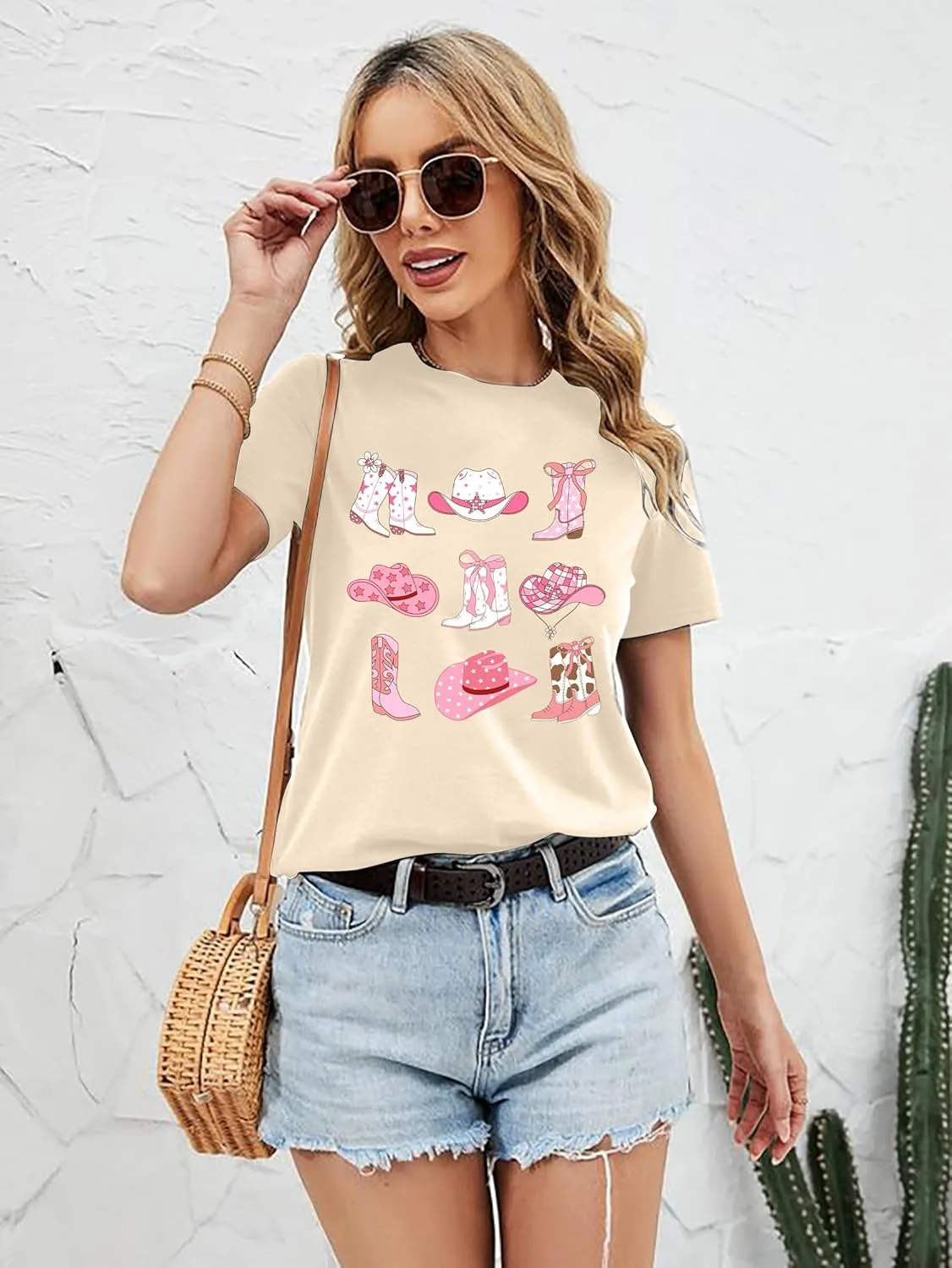 Western Graphic Tees for Women Cowgirl Pink Boots Shirt Country Concert Short Sleeve Vintage Cowgirl Tops